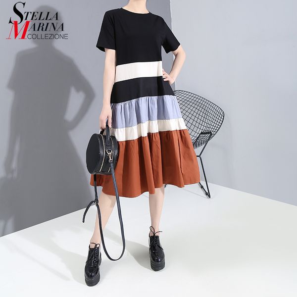 

new short-sleeve cross stripes black patchwork 2020 summer dress o neck ladies casual style dress cute midi vestidos 6371, Black;gray