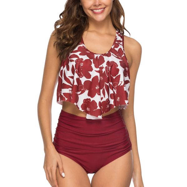

ruffle floral print women swimwear high waist bottom swimsuit womens two piece push up padded tankini bikini bathing suit swimwear