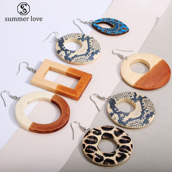

new design printed double side wood geometric round dangle drop hook earring fashion leopard colorful jewelry for women, Silver