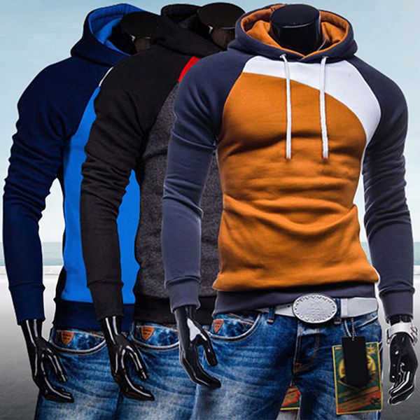 

men spring warm hoody ourdoor slim fit splicing color string casual pullover top, Black