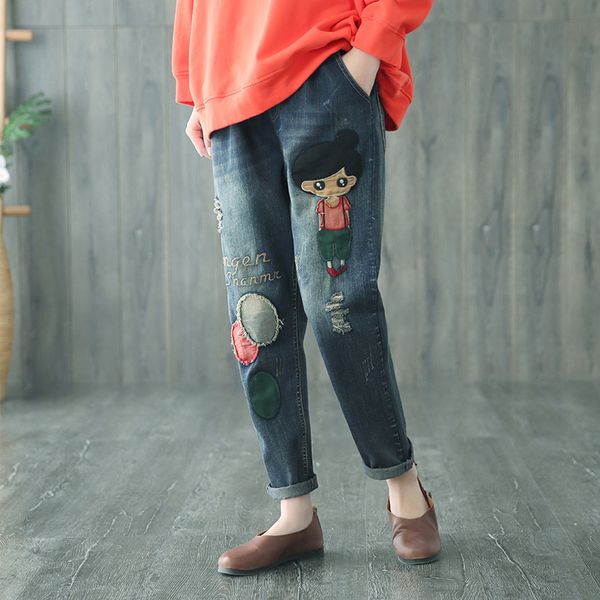 

chinese style womenn loose harem pants vintage literary embroidery elastic waist denim pants washed jeans casual denim trousers, Blue