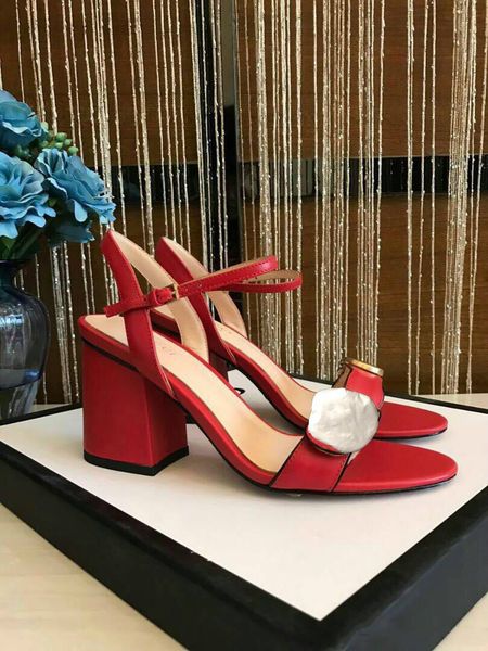 

luxury designer woman shoes with box high heeled sandals coarse heel leather metal buckle for party occupation sandals size34-41, Black