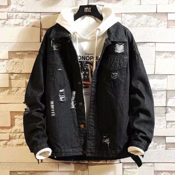 

autumn winter 2020 fashion popular ripped hole hip hop denim jacket men's trendy korean loose men's denim jacket clothes, Black;brown