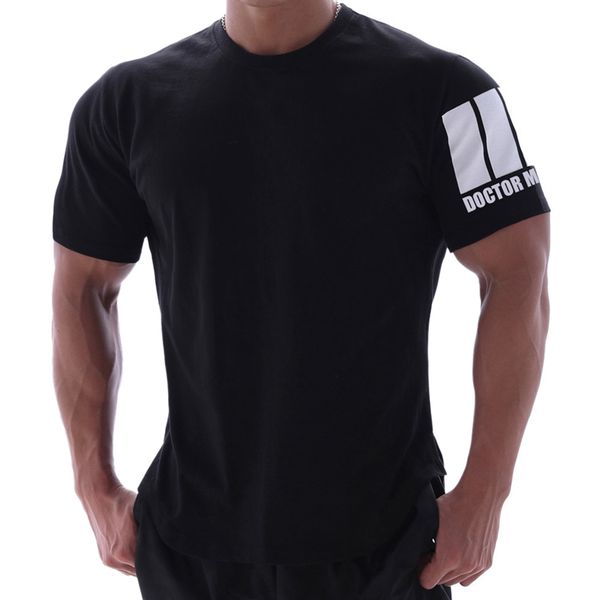 

sports round neck men's fitness leisure running training short sleeve, Black;blue