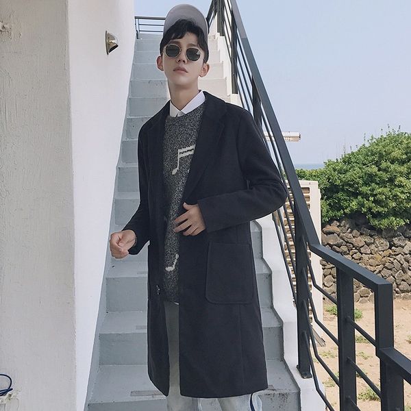 

elegant mens medium length woolen trench coats korean long sleeve single breasted lapel pocekts slim fit male plus size coats, Black