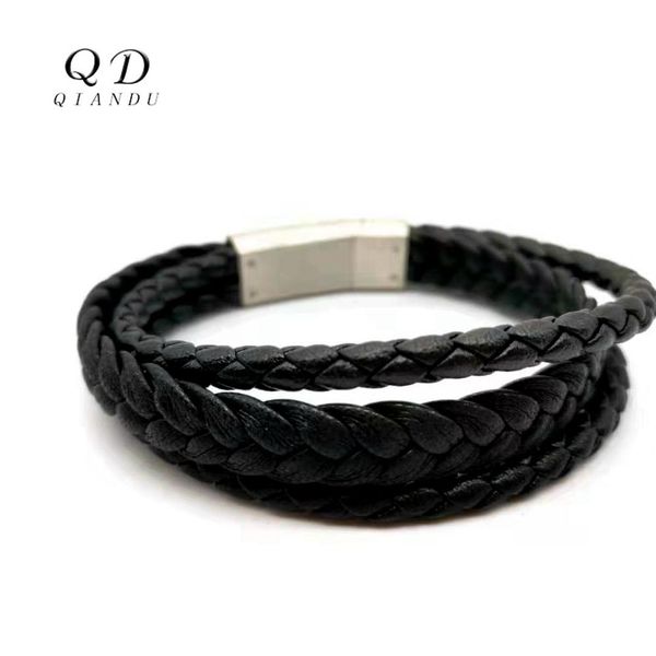 

цянь du мужской кожаный браслет из нержавеющей стали магнитные пряжки высокого качества многослойное тканые кожаный браслет, Black