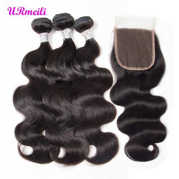 

brazilian virgin hair body weave 3bundles with closure grade 9a hair body wave bundles with lace closure human hair weave with closure, Black;brown