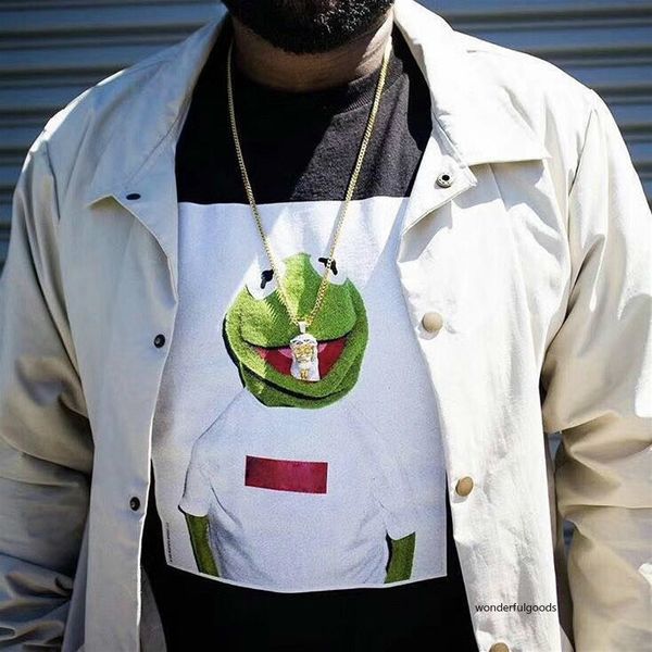 

new 17fw round neck t-shirt box logo cotton kermit frog short sleeve t shirt englishman tee fashion black white t10 fast designer, White;black