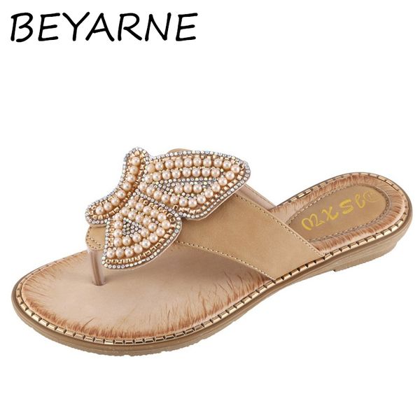 

beyarnenew 2020 ladies sandals slippers bohemia rhinestone pearl butterfly decorative women shoes summer beach flip flops women, Black