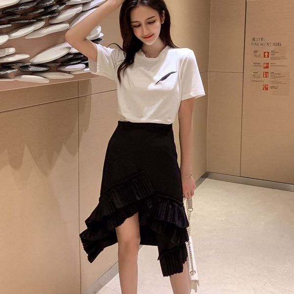 

pullover summer two short sleeves embroidered knee-length irregular skirts brief 2 piece set women fashion, White