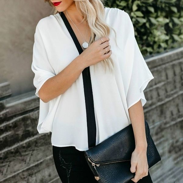 

summer women chiffon blouse short sleeve white office ladies shirts plus size v neck work casul loose female clothing