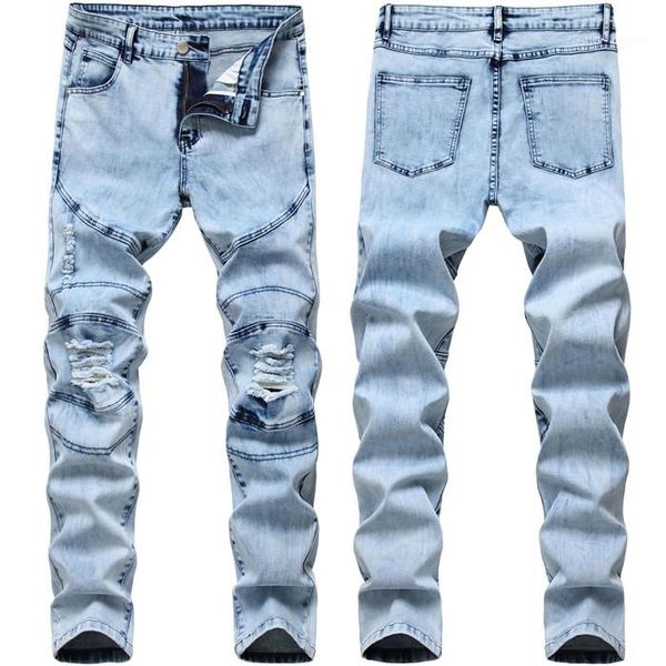 

panelled fashion trousers mens hole light washed jeans spring summer designer slim pencil pants males pocket, Blue