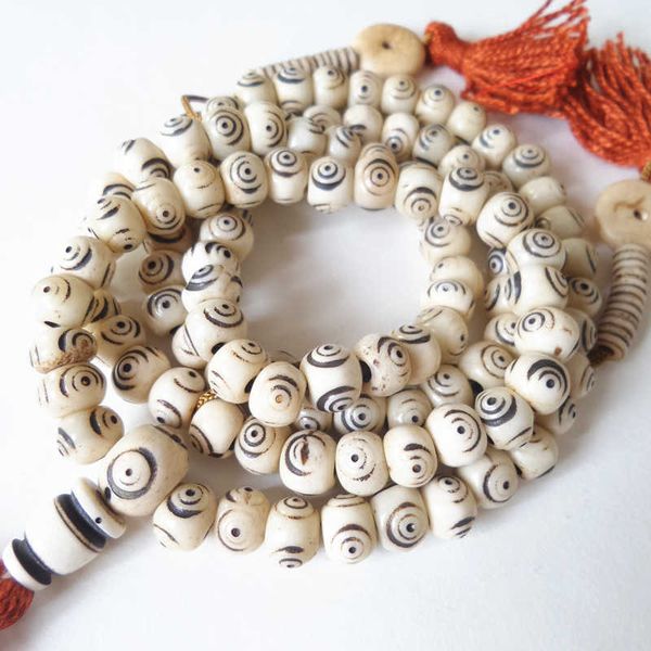 

bro818 tibetan 108 prayer beads mala yak bone hand carved three eye dzi rosary beige, Silver