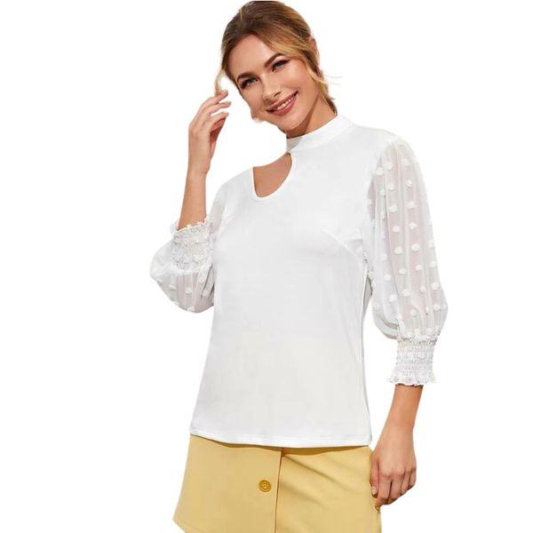 

cut out lace patchwork sheer sleeve blouse for women elegant ladies summer halter mock neck half sleeve blouses plus size, White