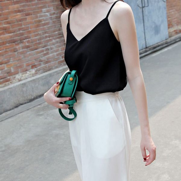 

for women fashion chiffon tank summer loose ladies spaghetti strap sleeveless v neck shirt female camisole black, White