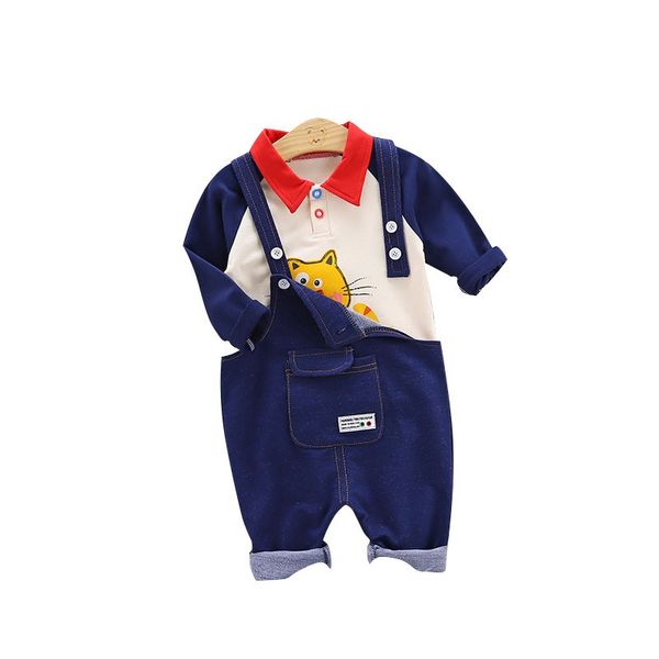 

autumn casual baby long sleeve cartoon printing and suspender jeans kids 2pcs outfit set 3 colors, White