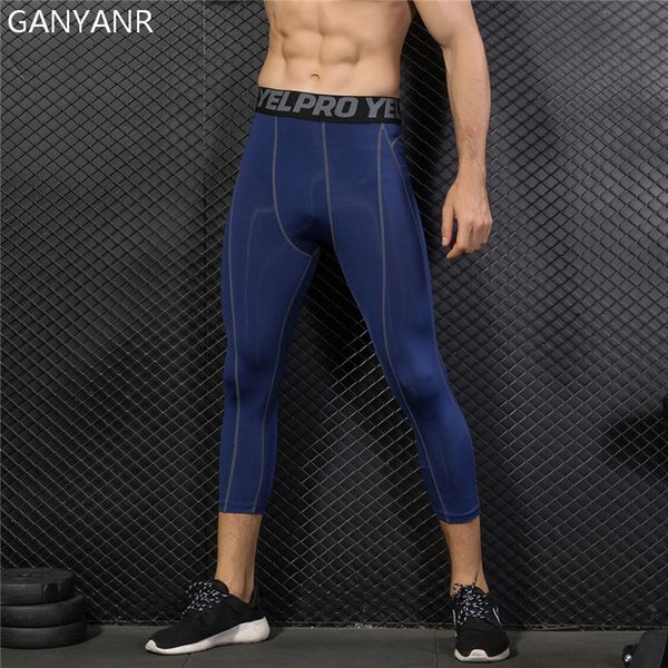 

running tights men leggings yoga basketball fitness compression pants 3/4 gym athletic sports skins jogging bodybuilding, Black;blue