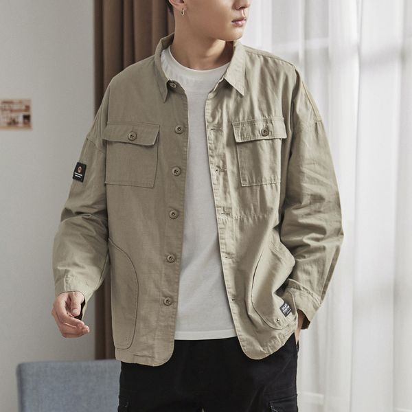 

vintage men's shirt lapel multi-pocket work shirt youth loose cotton men long sleeve safari style thin, White;black