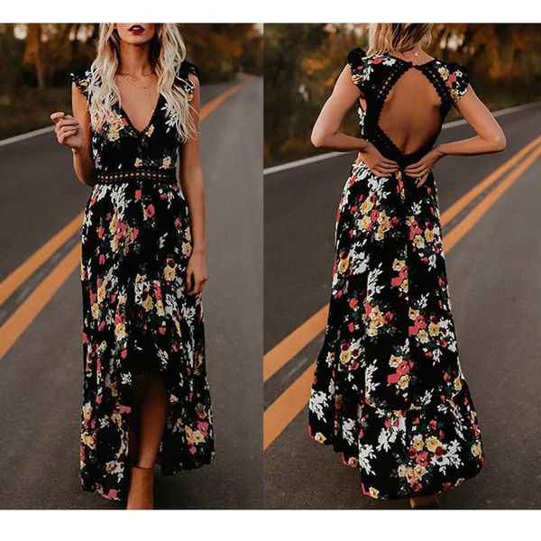 

2019 новые летние женщины дамы boho sweet dress v-образным вырезом цветочный принт кружева спинки a-line лодыжки длина платье партии платье, Black;pink
