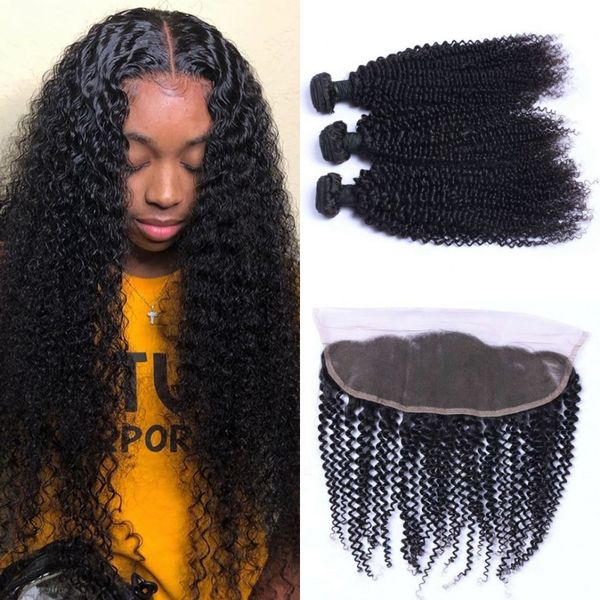 

mongolian hair kinky curly 3 bundles with lace frontal closure unprocessed human hair weave bundles with frontal, Black;brown