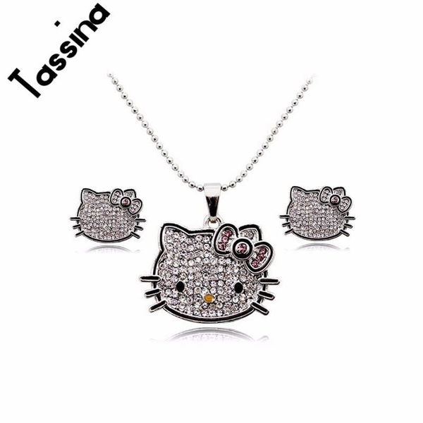 

tassina cute silver color anime crystal cute cat hello kitty kt jewelry sets for women girls children jewelry mly5321