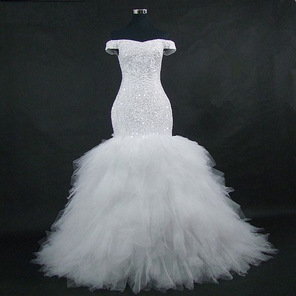 

2022 new off the shoulder mermaid wedding dress beadings ruffles lace up back real ps custom made plus size bride african wedding gown, White