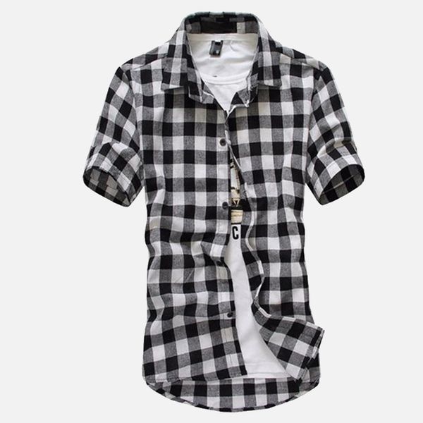 

men's plaid black red blue shirt short sleeve turn-down collar men streetwear slim shirts 2019 summer male casual clothes, White;black