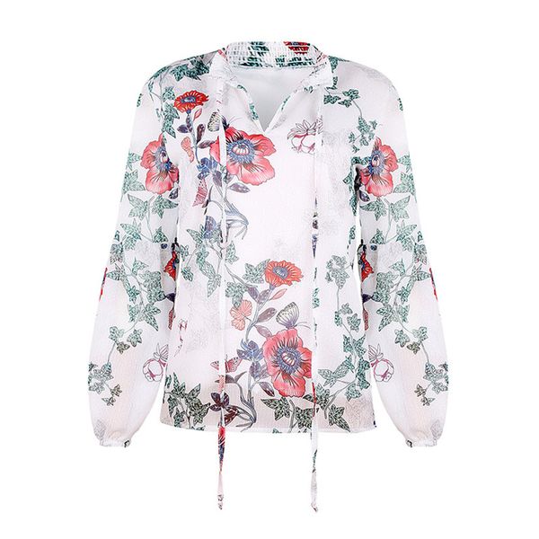 

women shirts fashion floral pattern natural color shirt casual lapel neck long sleeve shirt woman clothes, White