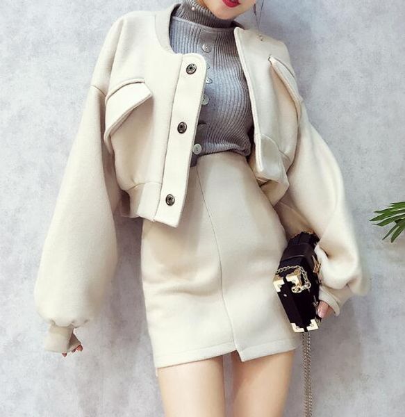 

2018 autumn new suit female fashion wool blends women short coat +empire knee length skirts women fall work suits, Gray