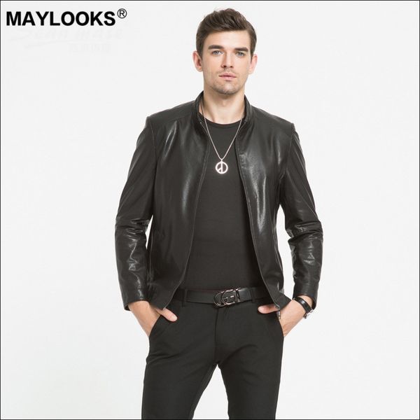 

maylooks 2019 autumn and winter new technology sheep skin leather leather men's collar zipper engine jacket. ws140, Black