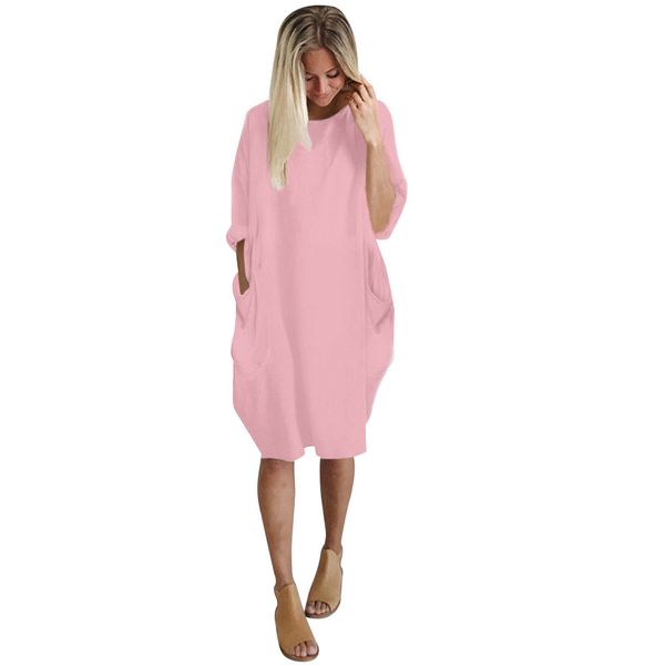 

womens pocket loose dress ladies crew neck casual long dress plus size 124, Black;gray
