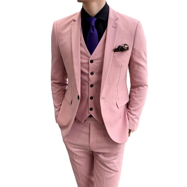

jacket + vest + pants) 2019 new boutique fashion solid color mens casual business suit groom wedding dress pink suit 3 pcs set, White;black