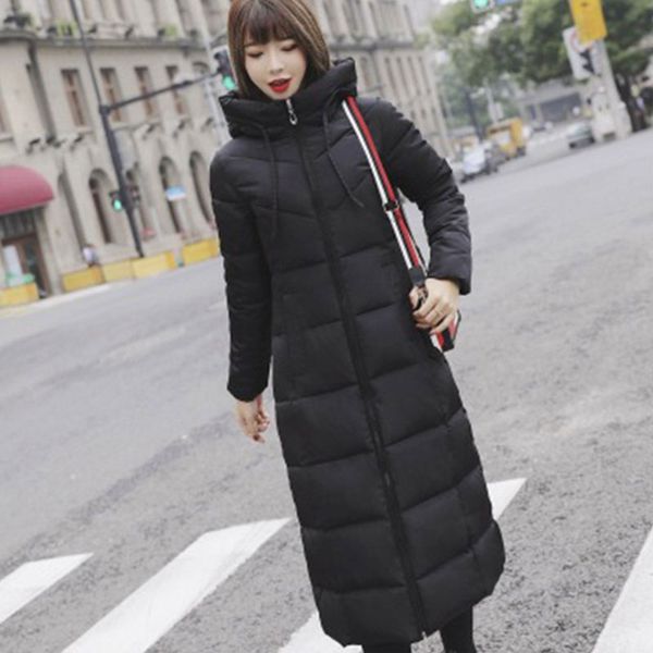 

long hooded thicken slim warm down coats women casual solid pockets zipper winter cotton outwear female plus size coat jackets, Black