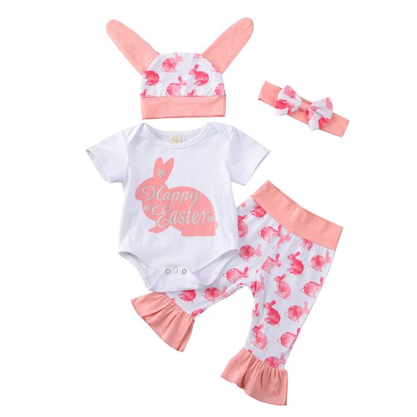 

0-24м новорожденный kid девушка infant банни с коротким рукавом romper топы сборки длинные брюки hat heaband пасха детская одежда нижнее 4шт