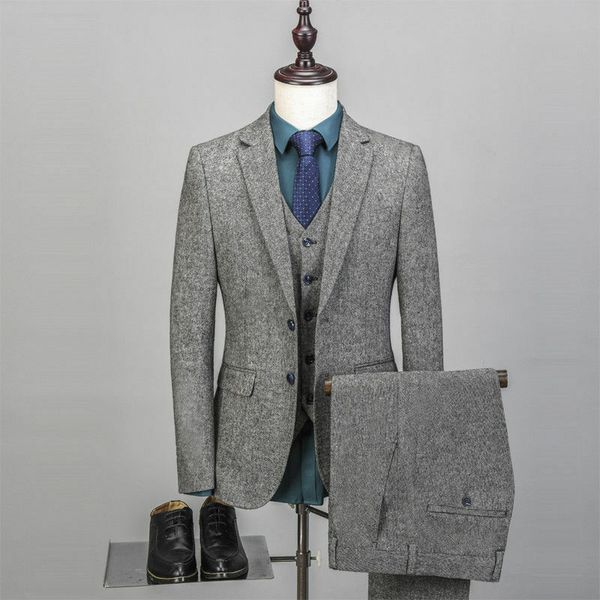 

men's vintage suit 3 pieces tweed fleck 2 button wool gray custom new, White;black