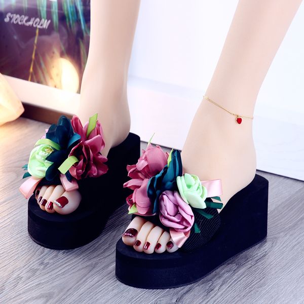 

house slippers platform female shoes on a wedge slides women heels fashion flower summer woman 2020 high flat, Black
