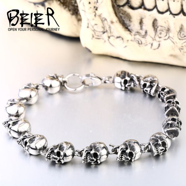 

beier new store 316l stainless steel trend design skull bracelet punk men's bracelet jewelry llbc8-005c, Golden;silver