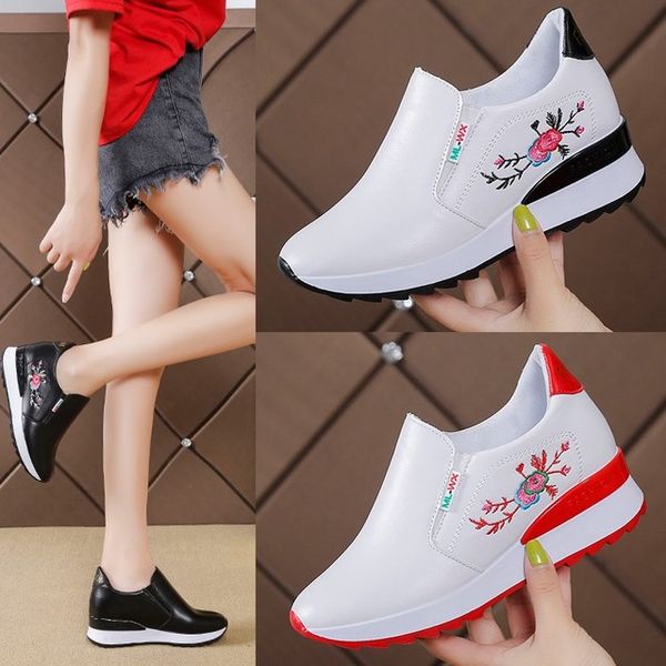 

women casual shoes summer spring slip on loafers flower mixed colors hollow out increasing internal height white sneakers 35-40, Black