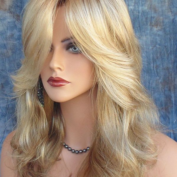 

long blonde curls european and american women's wigs long bangs simulation hair inner mesh with ventilation, Black