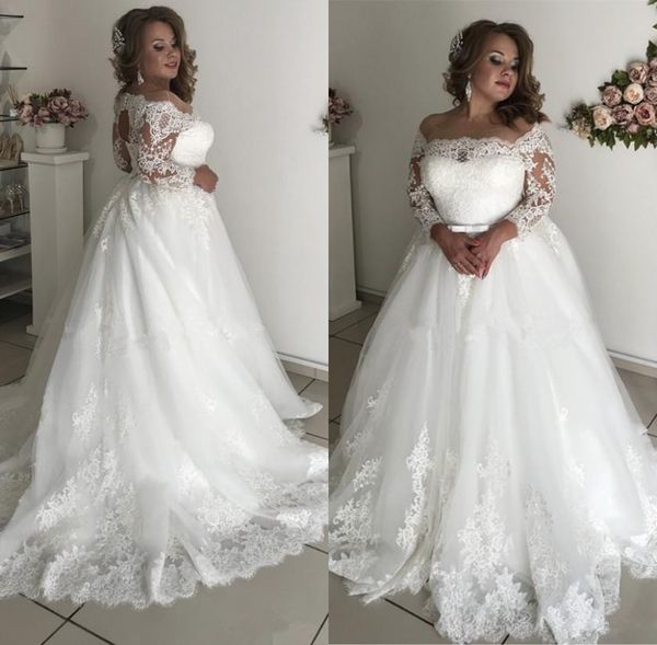 

2019 плюс размер страна кружева свадебные платья 3/4 рукава аппликации бусины створки полые сад свадебное платье платье де noiva, White