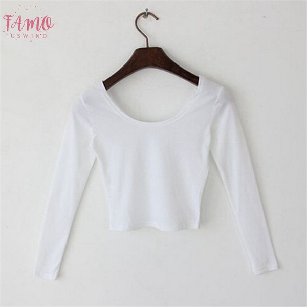 

мода футболки для женщин повседневная длинные рукава o шеи женщины футболки sexy femme tee shirt basic crop top, White