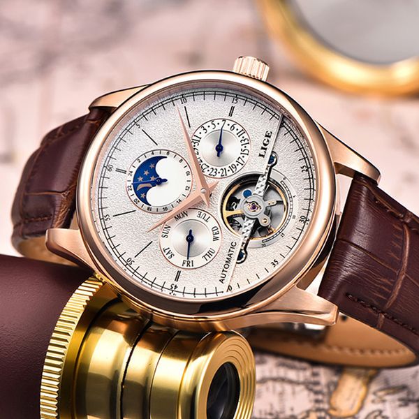 

lige марка мужские часы автоматические механические часы tourbillon спортивные часы кожа повседневная бизнес наручные часы золотые relojes h, Slivery;brown