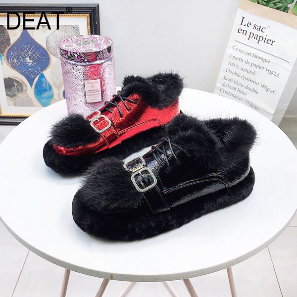 

deat] 2019 round toe bandage pu leather crystal mink spliced lamswool flat shoes women new autumn winter fashion tide 10e934, Black