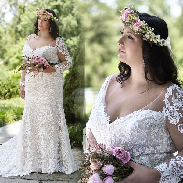 2020 Plus Size Brautkleider im Meerjungfrau-Stil mit V-Ausschnitt, applizierte lange Ärmel, Brautkleider, Rüschen, Sweep-Zug, nach Maß, Vestidos De Novia