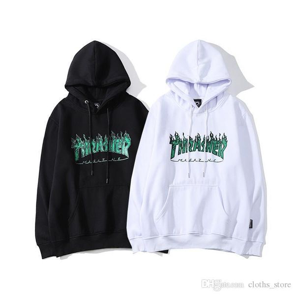 

trend mens hoodies fashion brand classic green flame print plus velvet hoodies street star hip hop hooded sweater, Black