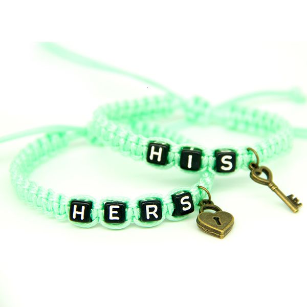 

2pcs/pair couple bracelets green his key and hers lock rope chains lovers gift handmade girlfriend charm bracelets accessories, Golden;silver