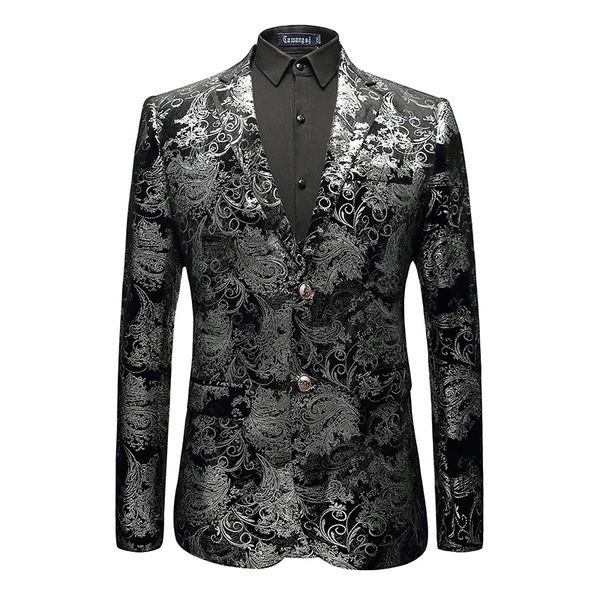 

yushu mens black velvet print blazer design plus size 5xl casual male slim fit blazer stage wedding suit jacket, White;black