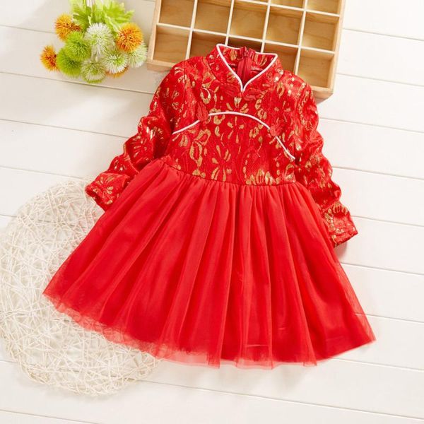 

toddler baby kids girls chinese new year tang suit chinese nnot new outfit dress fashion solid v-neck long sleeve princess dress, Red;yellow