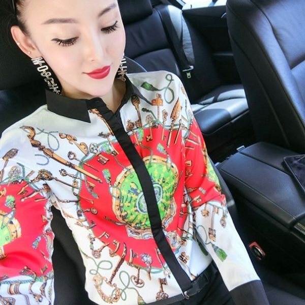 

luxury fashion vintage classic shirts women long sleeve lapel neck printed ladies runway button blouse plus size office designer shirt, White