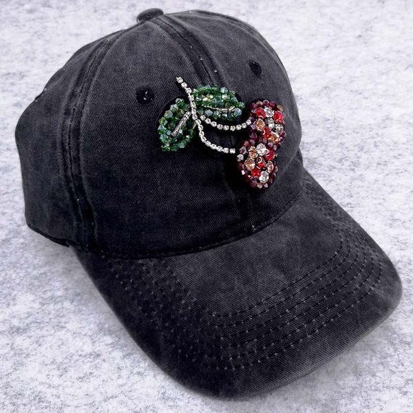 

gzhilovingl woman cherry rhinestones baseball cap summer soft washing cotton adjustable cap and hats for ladies hair accessories, Blue;gray